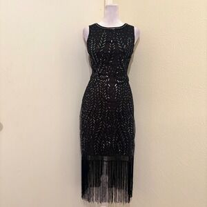 Babeyond Black Iridescent Sequin Beaded Fringe Dress Deep V Back Fairy Goth M